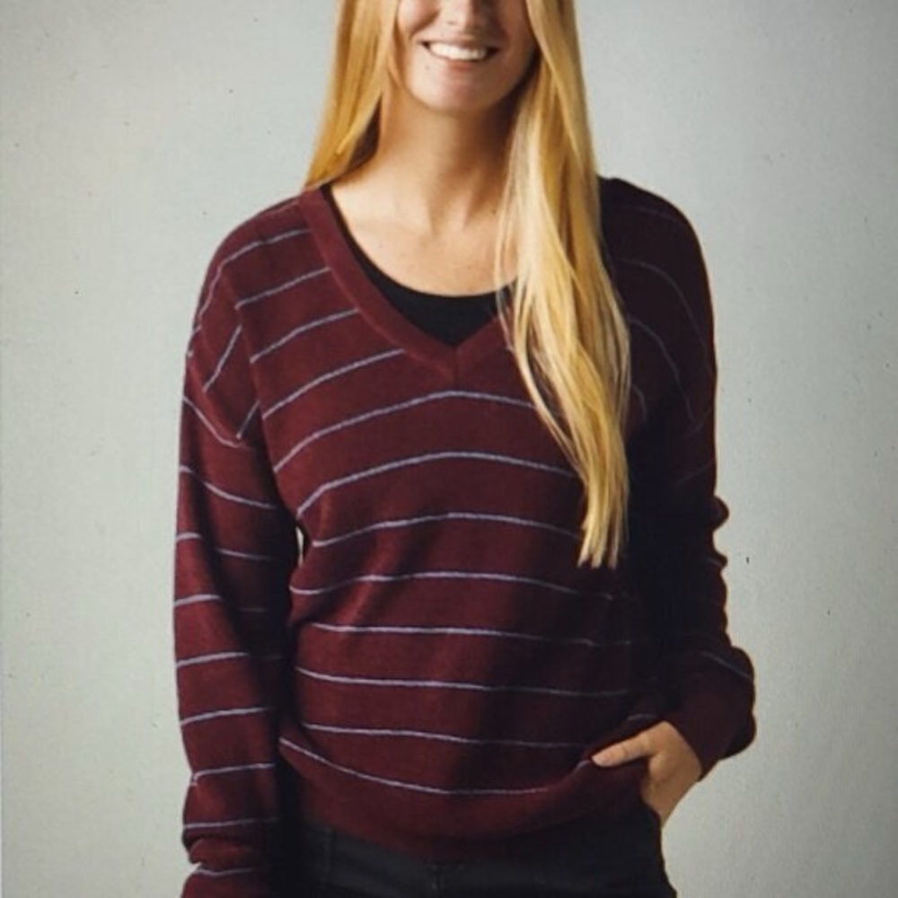 PrAna Maroon Blue Stripe Milani V-Neck Sweater Size Medium